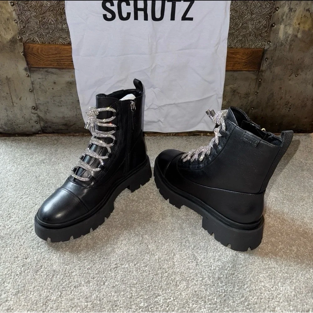 NIB Schutz Kaile Black Lug Lace Up/Side Zip Combat Moto Leather Boots SZ 7 - Picture 11 of 12